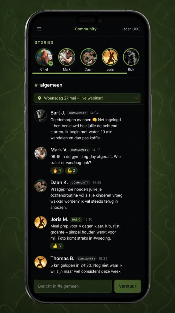 Community kanaal #algemeen met stories en gesprekken